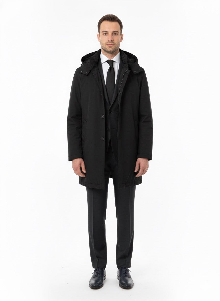 Trench impermeabile con cappuccio rimovibile nero