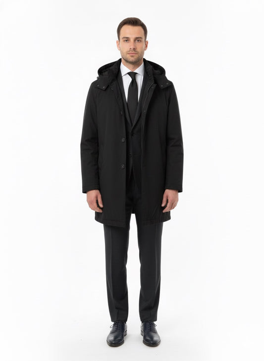 Trench impermeabile con cappuccio rimovibile nero